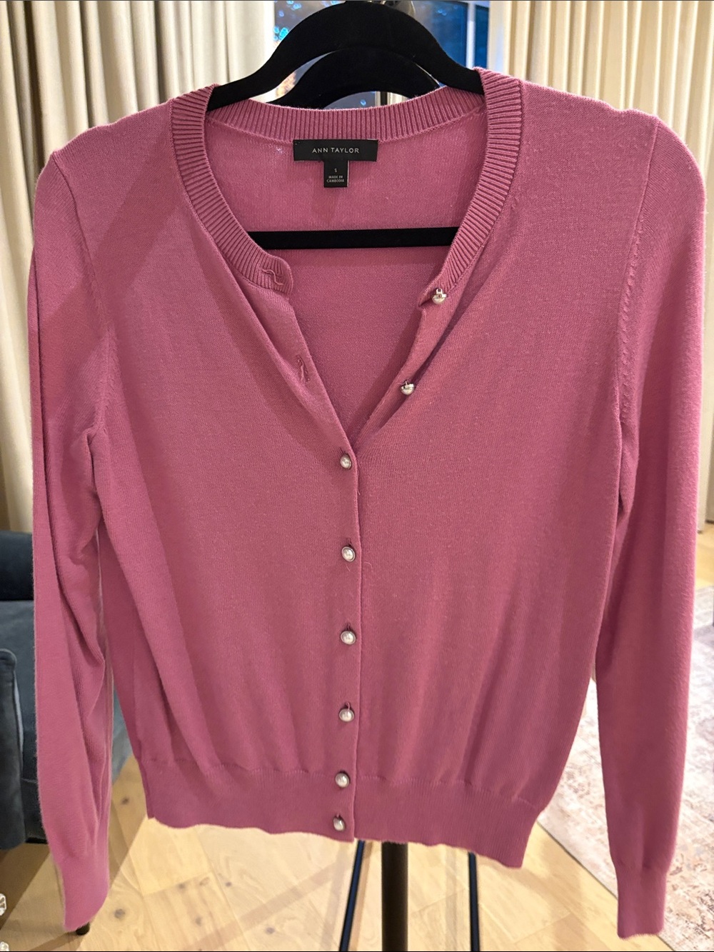 Ann Taylor Pink Pearl-Button V-Neck Cardigan
